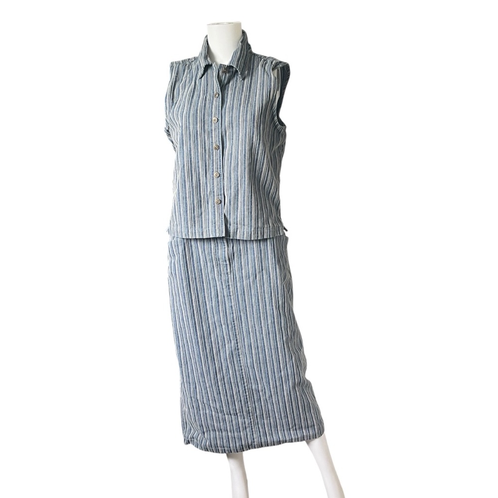 Vintage Vest and Midi Skirt Set Blue Cream Striped Cotton Womens Size Small 10